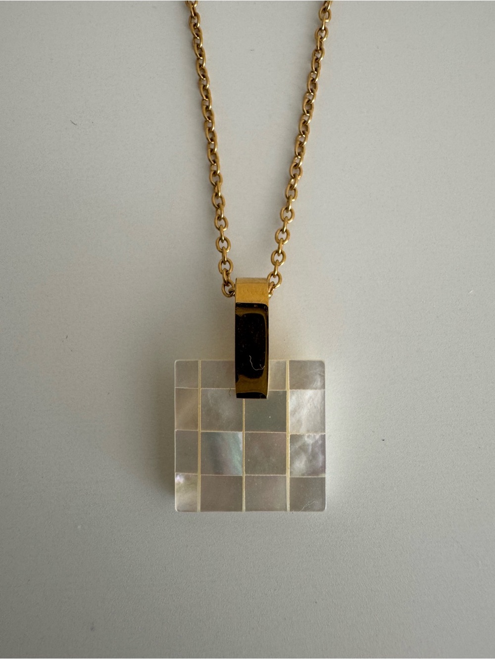 Gold Tone Necklace with White Mother-of-Pearl Square Pendant